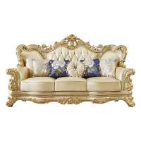 Luxury golden modern antique European style carved leather vila couch living room wooden sofa sets